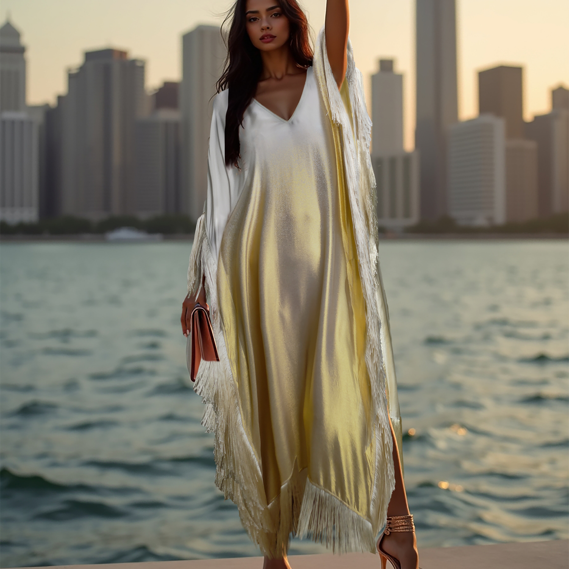 Charlotta Gandolfo真丝渐变流苏连衣裙时尚优雅长款女裙高级感女