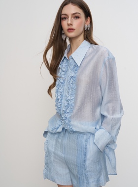 Aimme sparrow 25春夏蓝色荷叶边衬衫短裤时尚套装百搭轻薄通勤女