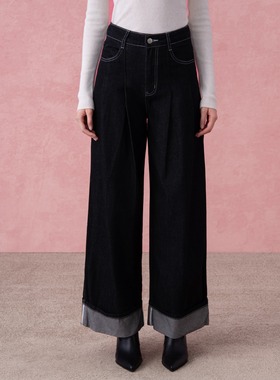 DIANA VEVINA25秋冬蓝色卷边牛仔裤时尚潮流通勤百搭休闲裤直筒裤