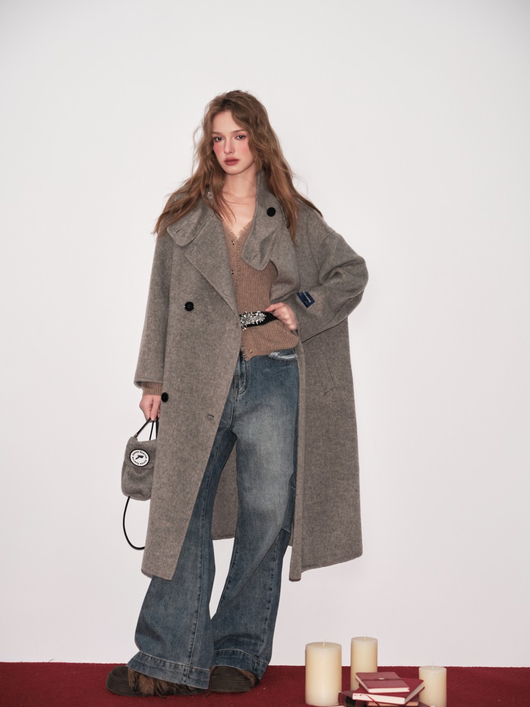 Aimme sparrow24秋冬100%羊毛灰色大衣送小包时尚百搭休闲长外套