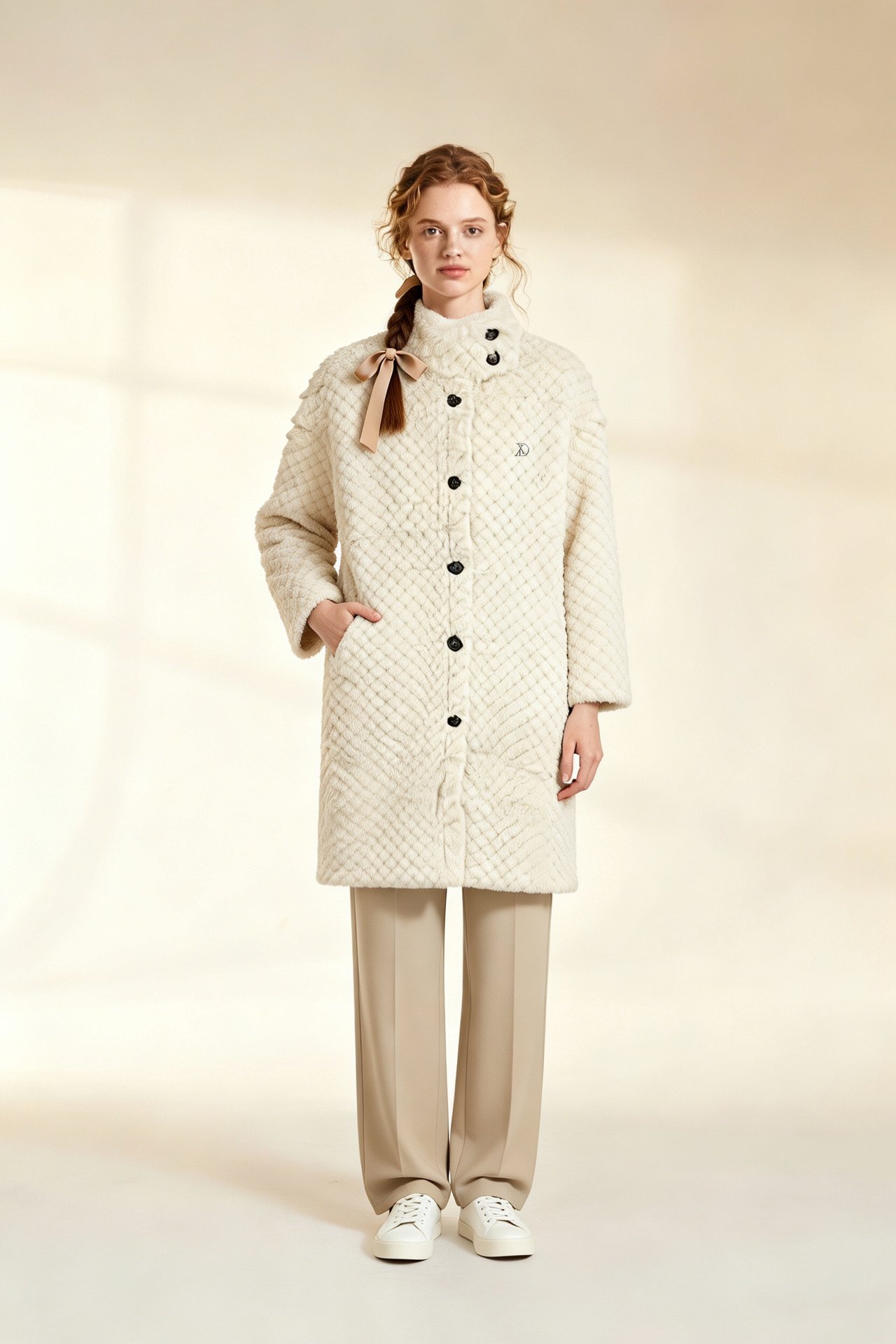 XANDRA 26春夏米白菱格皮毛一体长外套通勤直筒型中长款女士外套,女装/女士精品,毛呢外套,淘宝优惠券,粉丝福利购,淘宝优惠卷