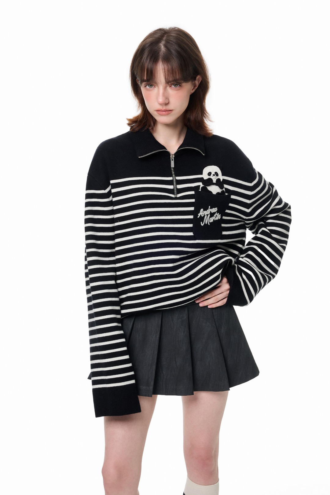 黑白熊猫钩织针织衫条纹半拉链