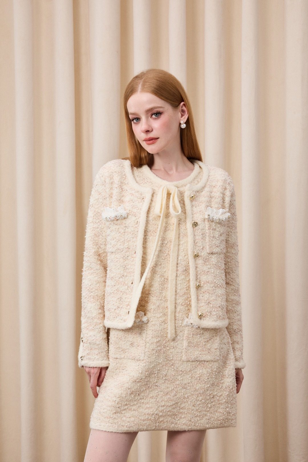 EIMISMOSOL 26春夏短款长袖花边口袋毛衣开衫无袖花边毛衣连衣裙