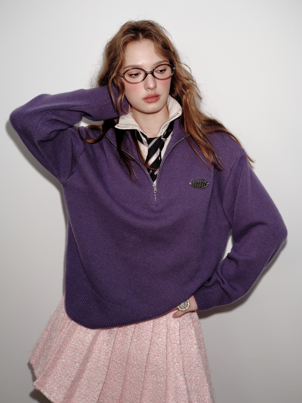 Aimme sparrow25春夏紫色针织翻领拼接毛衣时尚通勤百搭休闲上衣