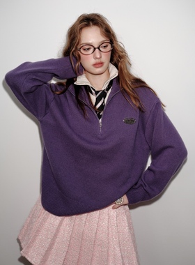 Aimme sparrow25春夏紫色针织翻领拼接毛衣时尚通勤百搭休闲上衣