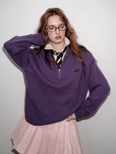Aimme sparrow25春夏紫色针织翻领拼接毛衣时尚通勤百搭休闲上衣