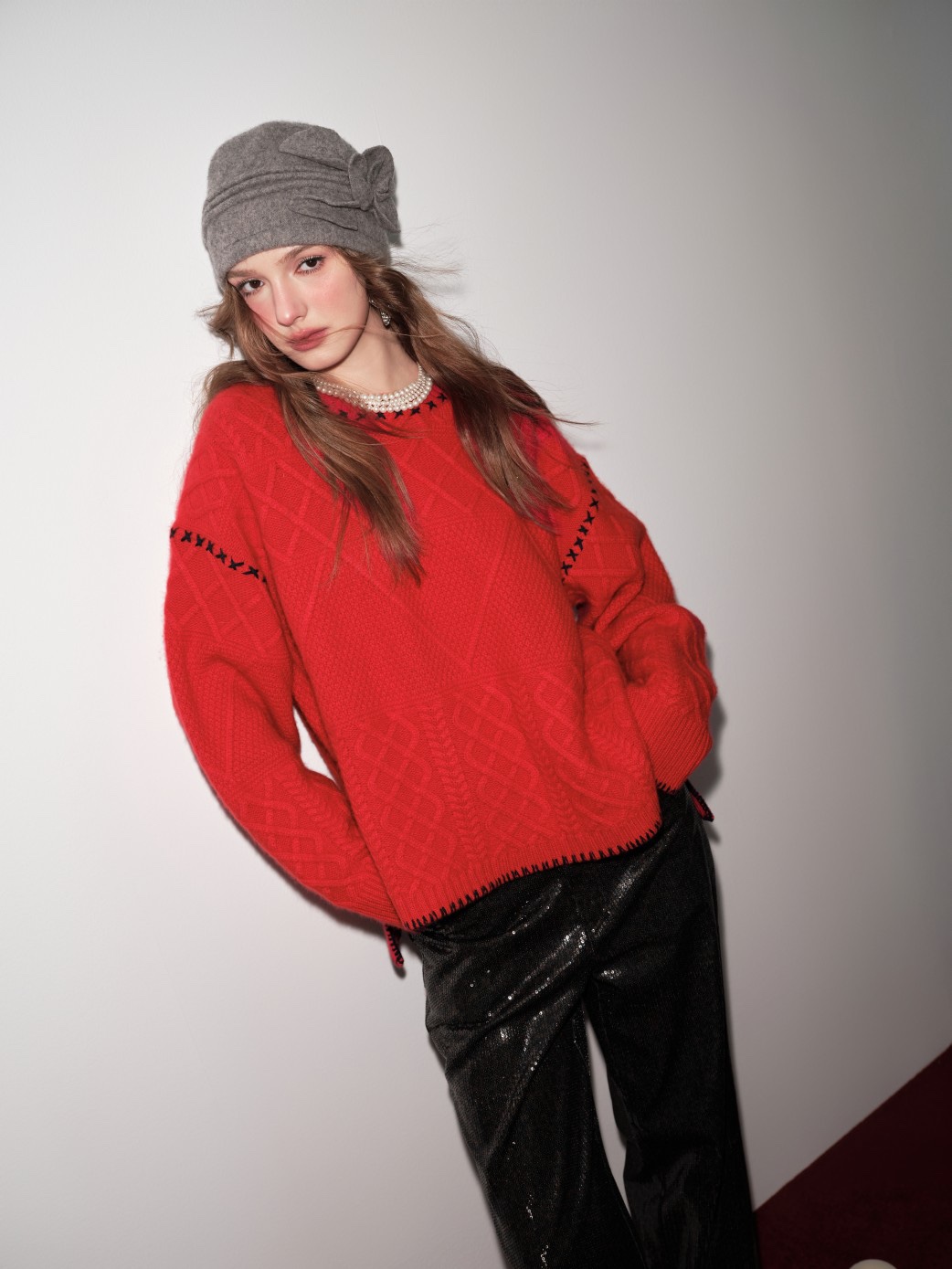 Aimme sparrow 25春夏圣诞限定100%羊绒红色毛衣时尚通勤百搭宽松