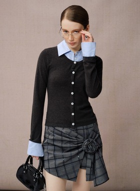 DIANA VEVINA25春夏灰色拼条纹毛衫学院风格纹裙裤时尚套装百搭女