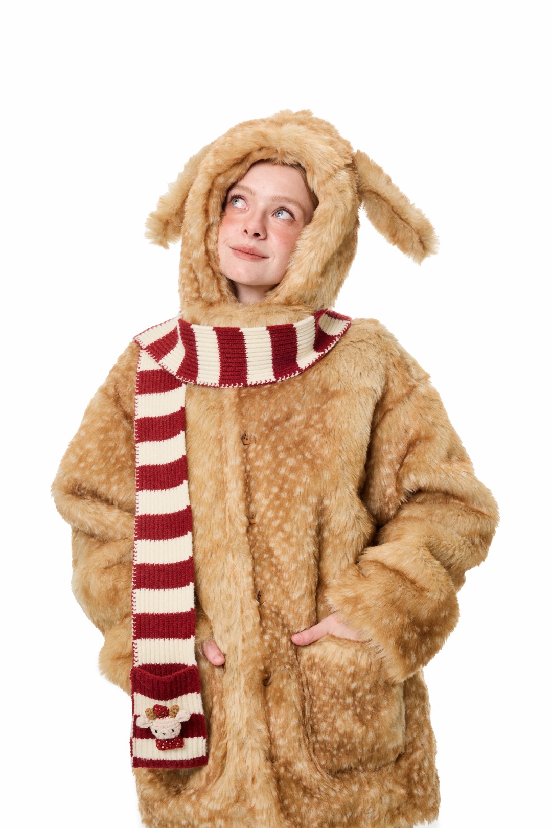 Andrea Martin 25秋冬新品棕色小鹿毛绒外套带围巾时尚潮流百搭女