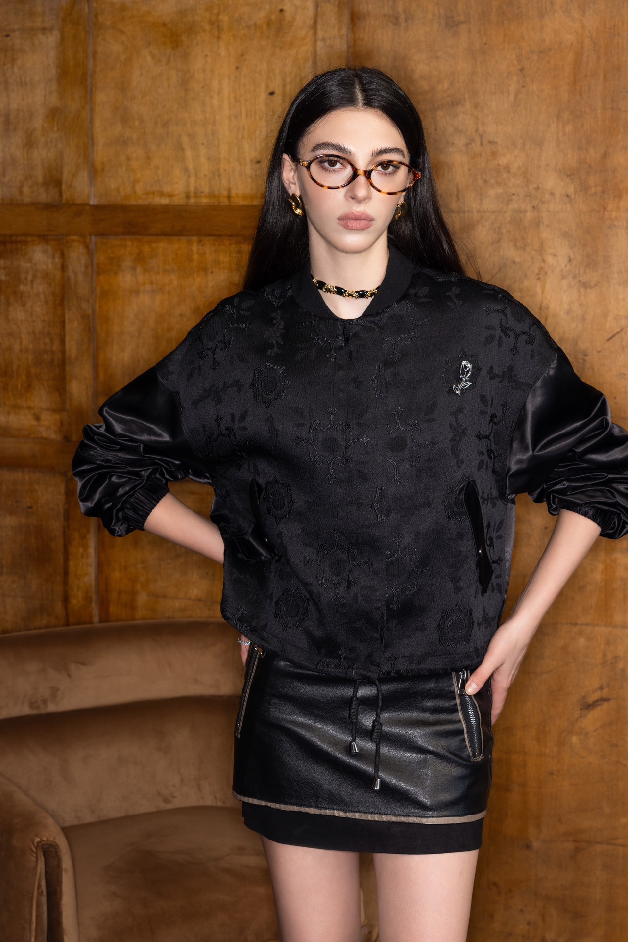 Aimme sparrow24秋冬黑色拼接立体玫瑰外套