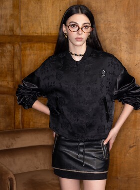 Aimme sparrow24秋冬黑色拼接立体玫瑰外套