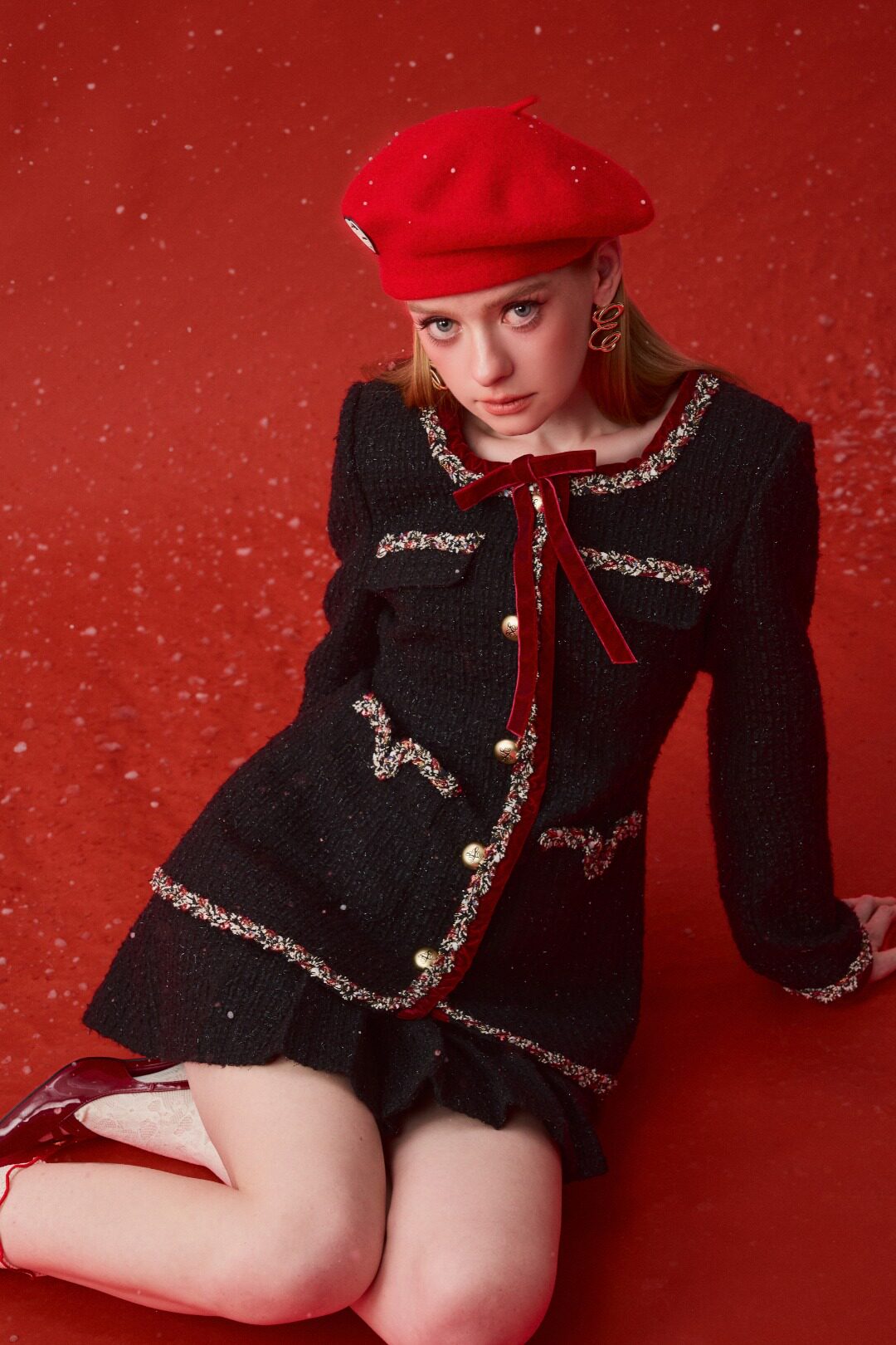 EIMISMOSOL 26春夏丝绒撞色小香外套丝绒撞色小香半裙时尚潮流