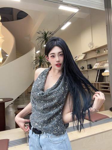 Aimme sparrow亮片上衣亮片渐变牛仔裤时尚潮流百搭女背心直筒裤