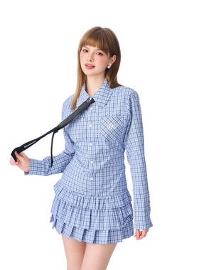 Andrea Martin 25秋冬新品蓝色格纹连衣裙时尚潮流百搭女裙学院风