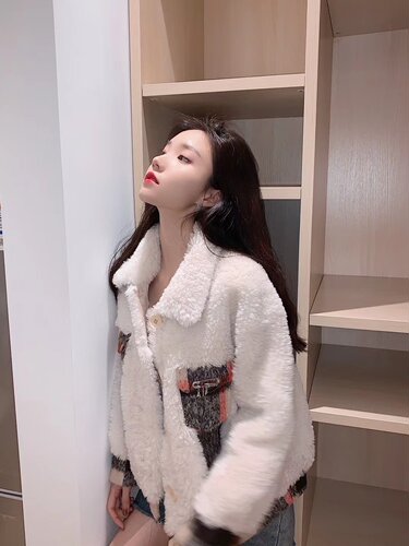 Aimme sparrow 系列条纹格羊羔毛外套时尚潮流百搭女上衣宽松慵懒