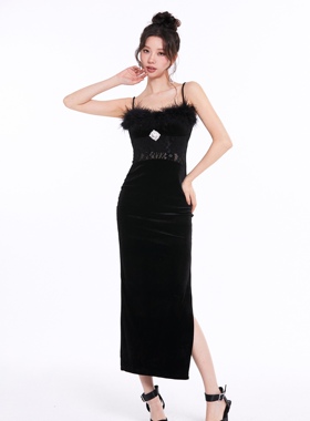 演员张婕同款Aimme sparrow黑色丝绒方钻连衣裙时尚优雅修身显瘦