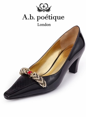 A.b.poetique时装鞋Art Deco系列鸽血红钻镶嵌 黑色蛇纹拼接皮鞋