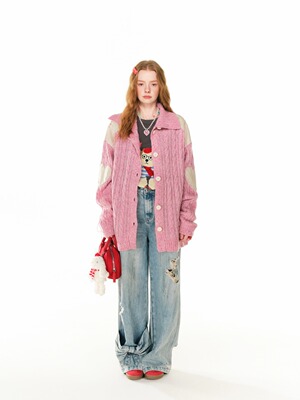 Andrea Martin25春夏新品粉色爱心毛衣时尚休闲百搭宽松慵懒外套