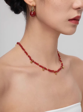盐岛五福平安红玛瑙串珠choker本命年锁骨链叠戴高级感红色项链