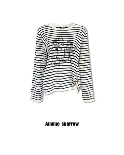 Aimme sparrow26秋冬褶皱条纹打底时尚长袖T恤印花上衣百搭休闲