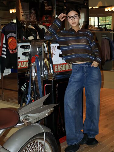 Aimme sparrow25秋冬蓝色牛仔阔腿裤时尚潮流宽松休闲裤