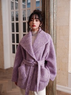 JINGYI莫奈紫马海毛羊毛大翻领系带大衣时尚 GUO MFC特卖6折