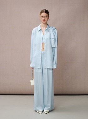 DIANA VEVINA 25春夏蓝色醋酸条纹衬衫长裤时尚套装度假休闲花朵