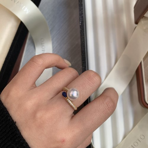 DIYS925银配件 高级美蓝白cp珍珠戒指 白锆石镶嵌 图配9-10mm珠