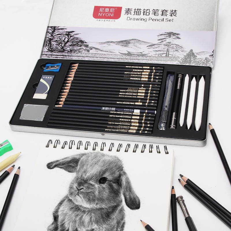 尼奥尼素描铅笔套装 学生手绘素描原木铅笔2BHB软中硬炭笔铁盒装