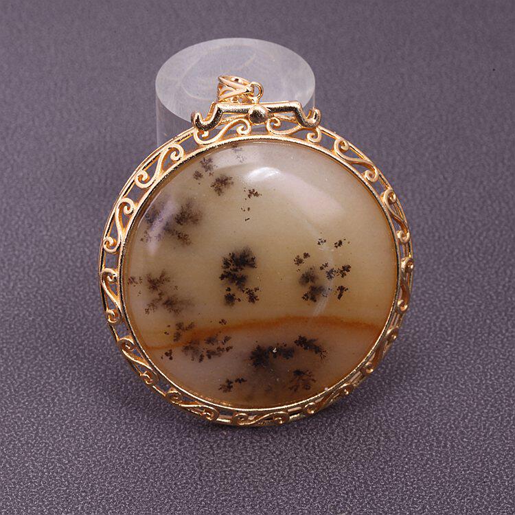 云南龙陵石缘 天然玉石黄龙玉水草花 镶嵌草花 圆形牌子吊坠挂件