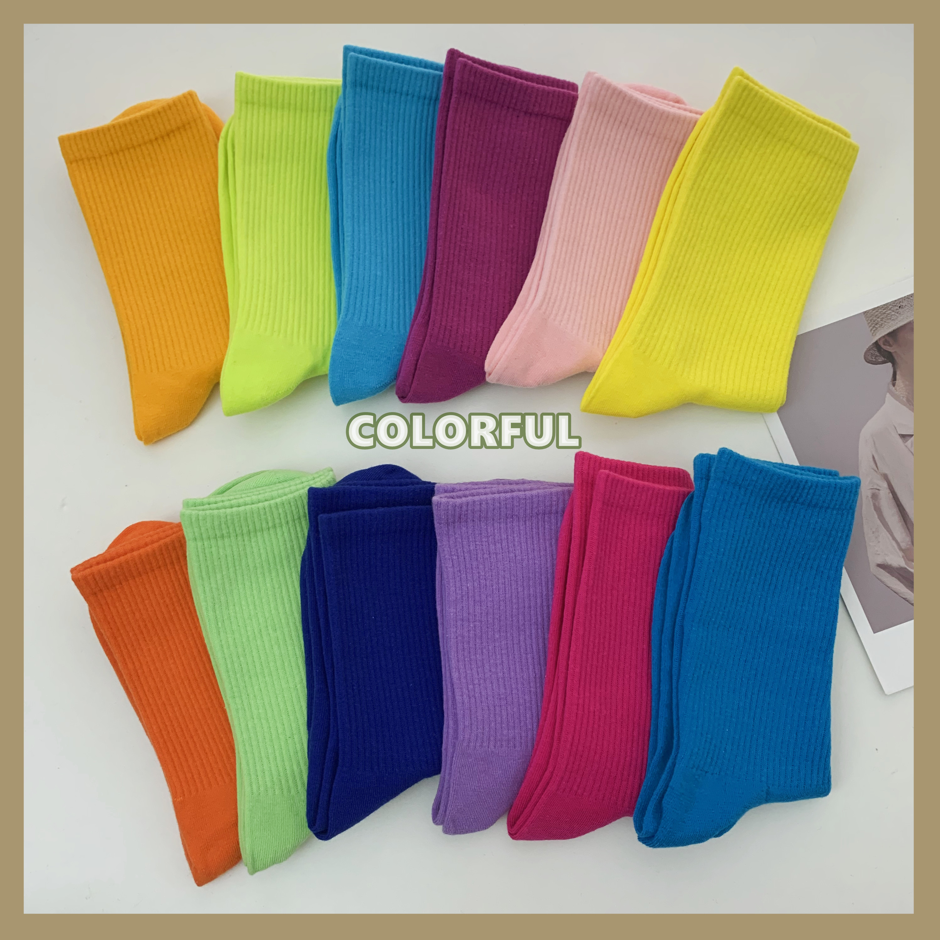 彩色袜子女中筒袜ins潮春秋秋冬糖果色外穿纯棉玫红纯色长筒袜