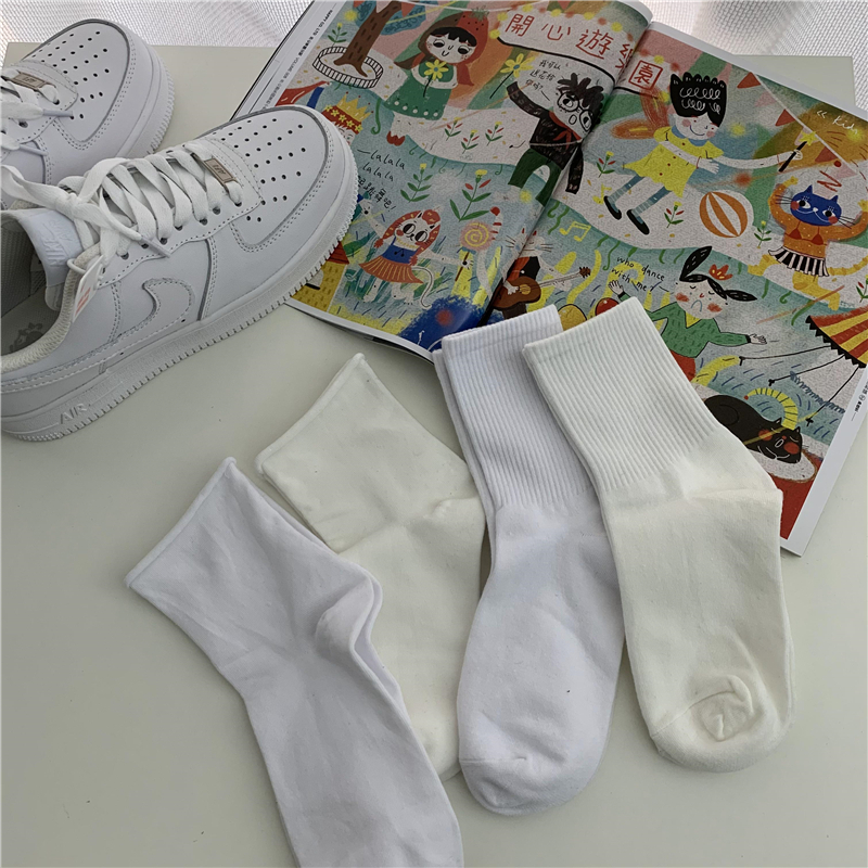 袜子女百搭日系纯色卷边中筒袜