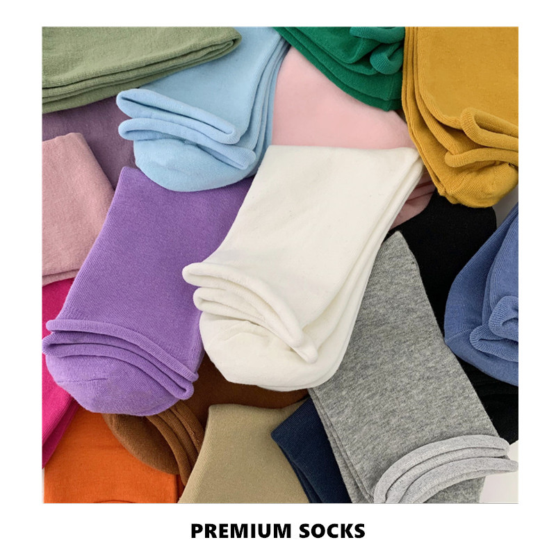 日系纯色堆堆袜子女中筒袜秋冬季长袜纯棉卷边袜春秋款月子长筒袜