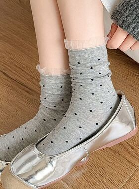 东大门早秋棉袜子黑白灰简约气质波点气泡蕾丝花边无骨中筒袜批发