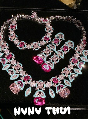 富贵迷人眼 多巴胺鸢尾花宝石花藤项链 高定 胭脂粉花瓣手链套装