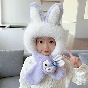 儿童毛绒帽子围巾一体帽秋冬季男童女童护耳帽宝宝可爱卡通两件套