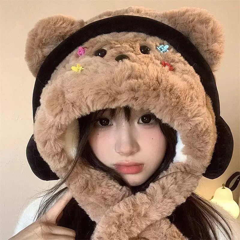 小发夹耳机小熊毛绒帽子围巾一体