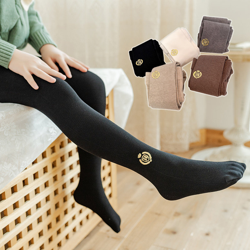 女童打底裤春秋款纯棉薄款儿童打底袜徽章连裤袜抗起球竖条踩脚裤