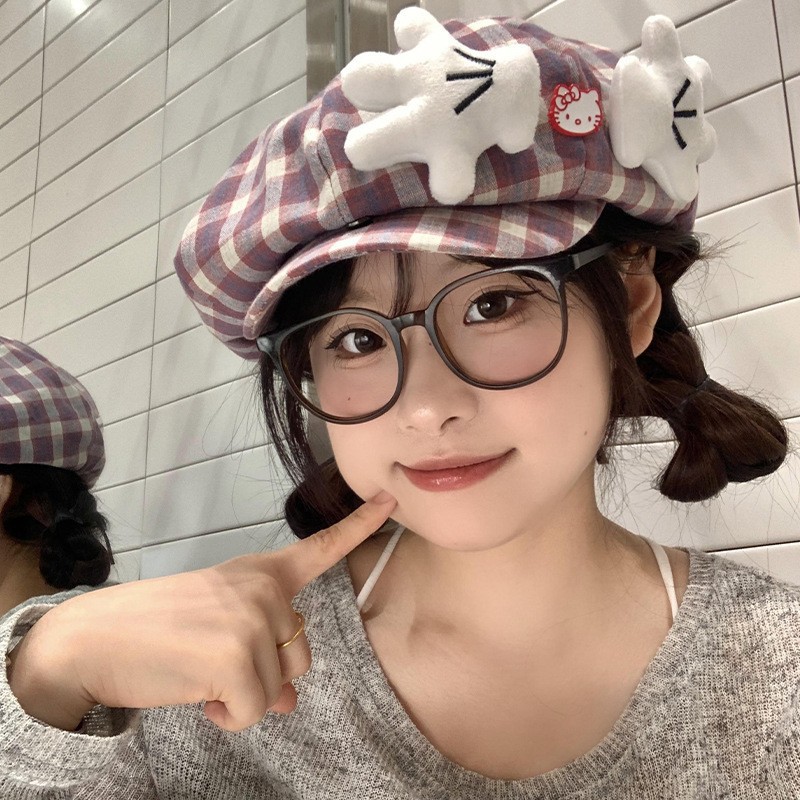 可爱kitty猫格子贝雷帽女甜美百搭贝雷帽显脸小画家八角帽子韩版