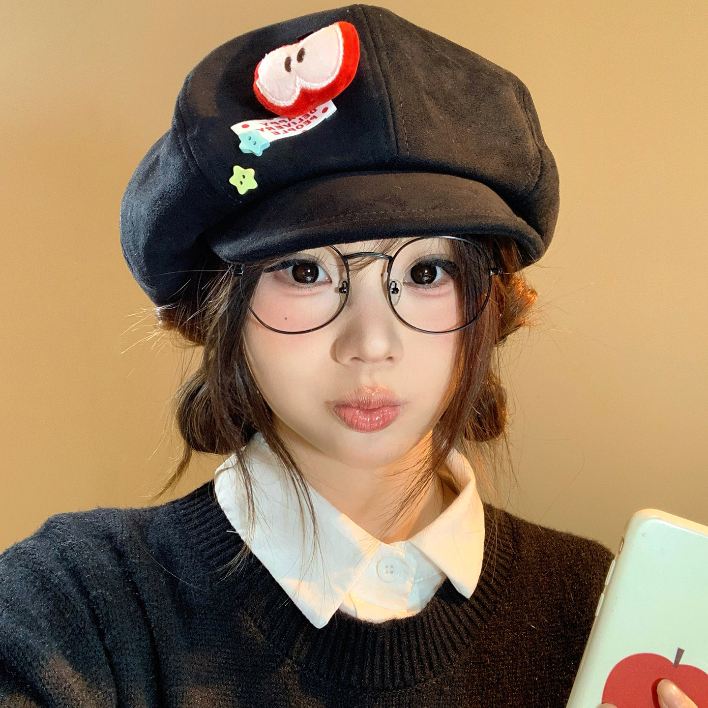 秋冬季可爱苹果八角帽女麂皮绒新