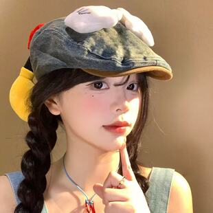 可爱卡通米奇屁屁牛仔前进帽女新款百搭显脸小贝雷帽大头围帽子潮