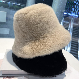 秋冬毛绒渔夫帽女仿貂毛简约纯色水桶帽冬季户外保暖显脸小盆帽