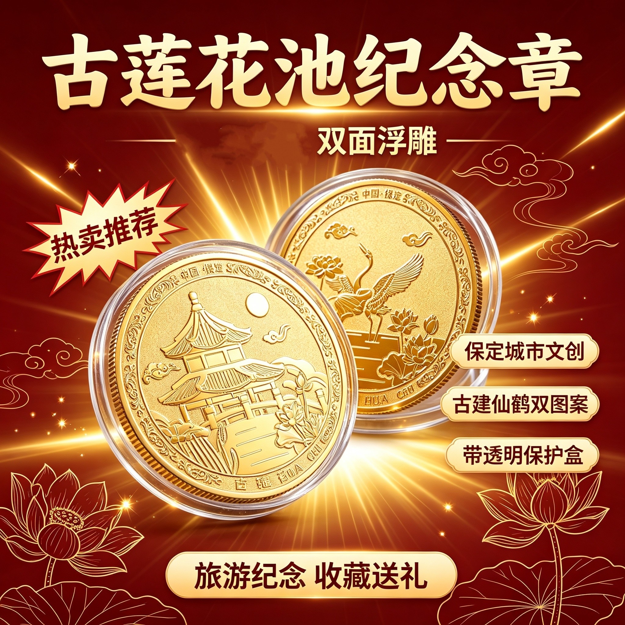 保定古莲花池双面纪念章河北城市文创镀金浮雕纪念币 旅游工艺品