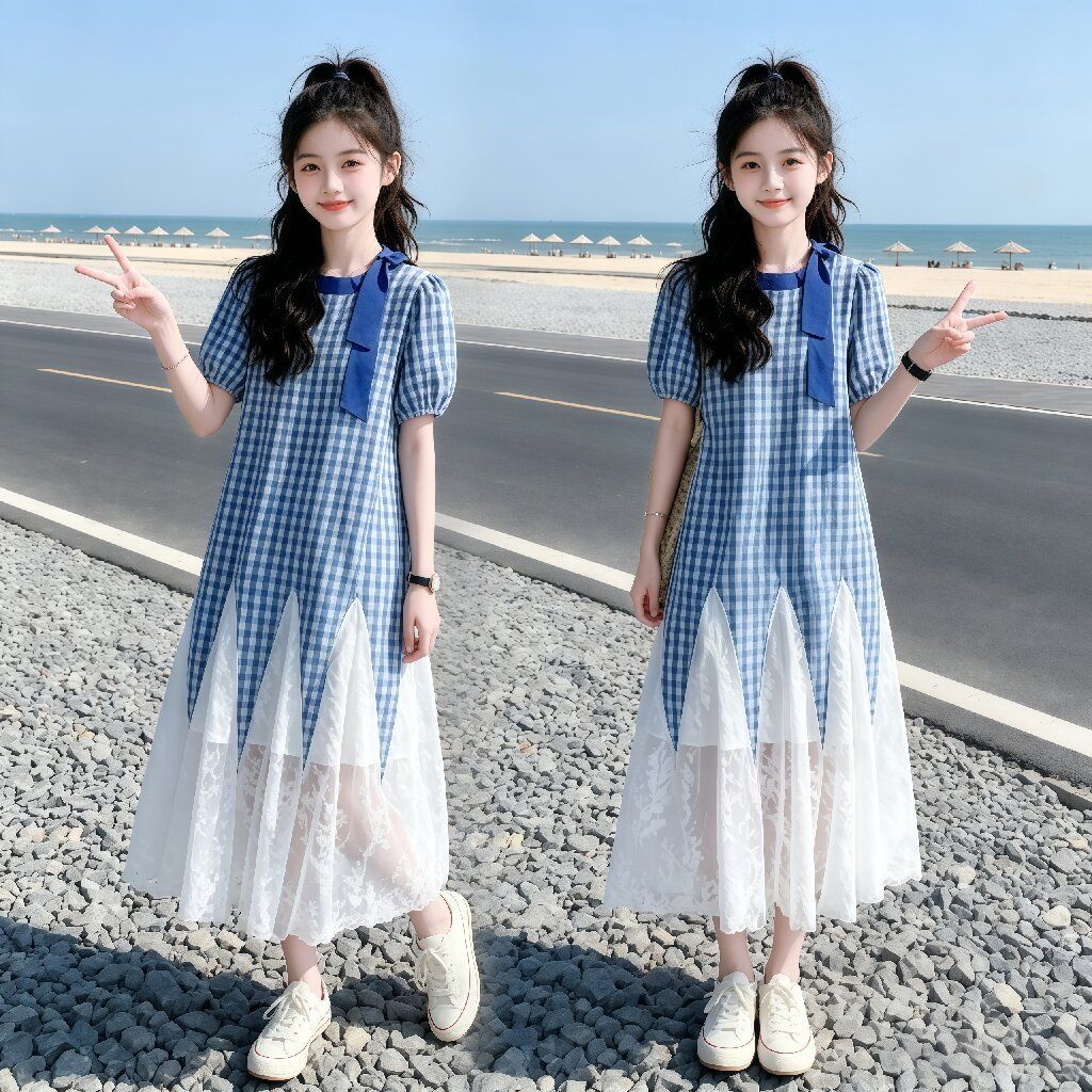 蓝色森系格子拼接超火蕾丝连衣裙女童2026新款绝美气质慵懒风长裙