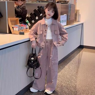 女童韩系破洞牛仔套装春秋新款潮酷时髦中大童短款外套工装阔腿裤