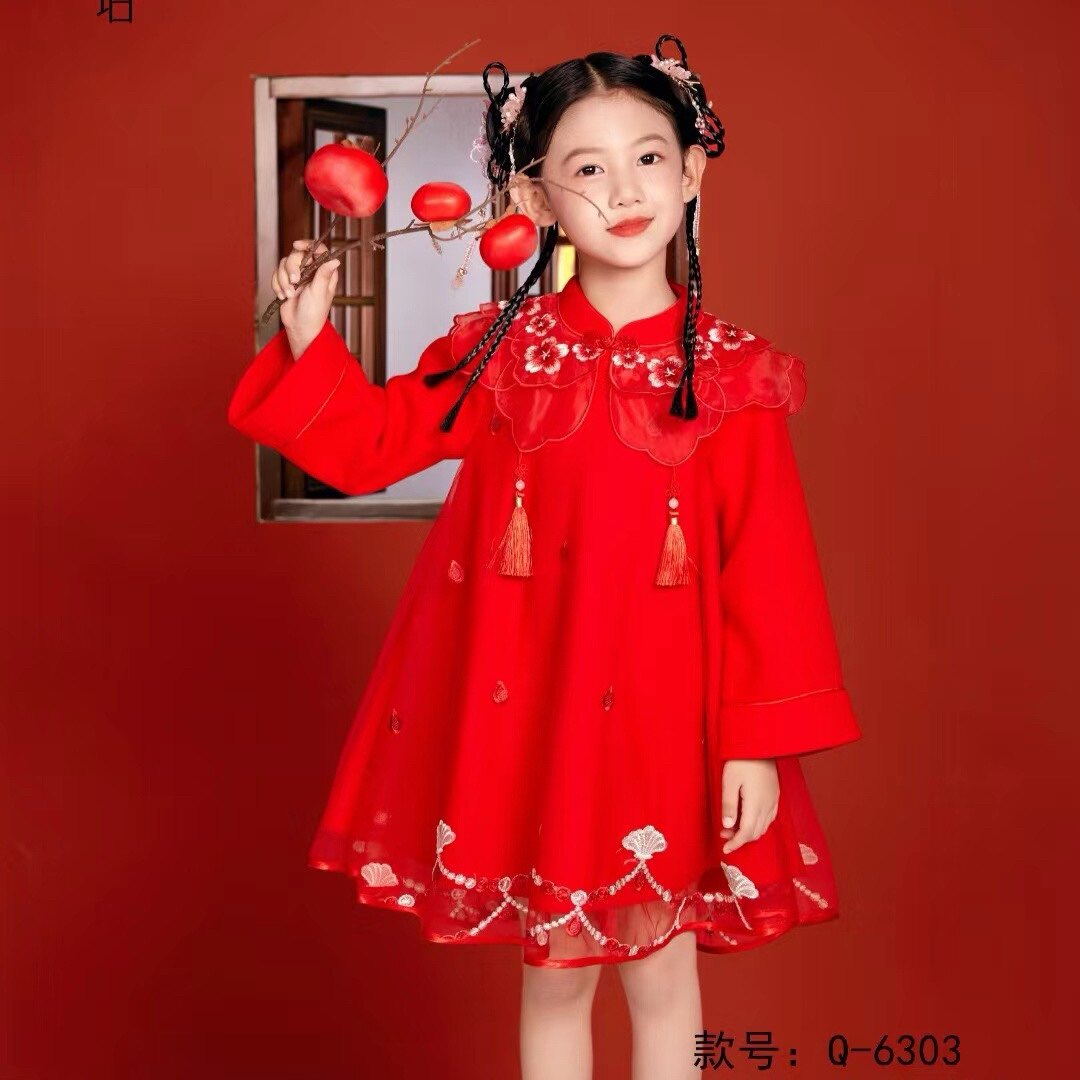 女童拜年裙品牌汉服6323中国式礼服春节大红色喜庆连衣裙