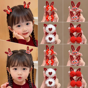 新年儿童红色刘海小抓夹中国风蝴蝶结侧边夹发夹女孩过年头饰发卡