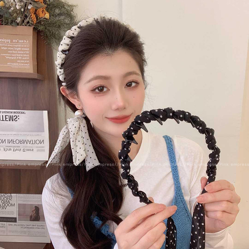 波点飘带发箍女2026新款高颅顶防滑带齿压发头箍一体式绑头发带子