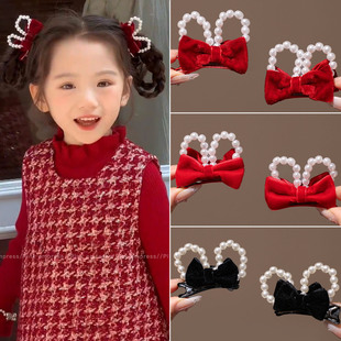 儿童红色丝绒兔耳发夹女童刘海夹子公主头蝴蝶结顶夹新年喜庆头饰