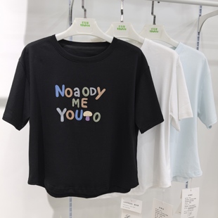 95棉宽松短袖 少女感蘑菇图案上衣 趣味字母印花T恤女 薰衣草2607